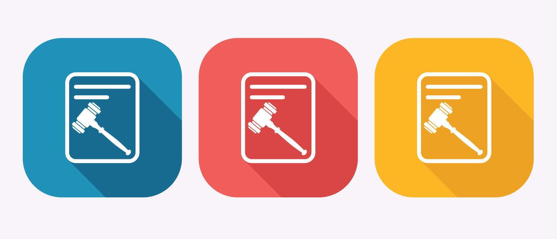 Law legal document icon with judge gavel showing jurisprudence concept in blue square button design vector