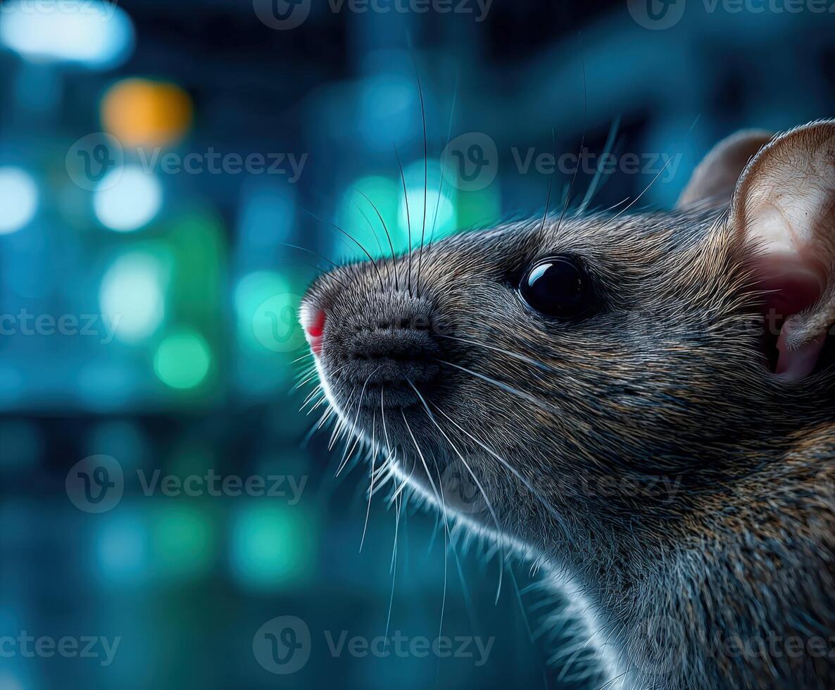 Close-up of a curious mouse exploring a scientific laboratory setting photo