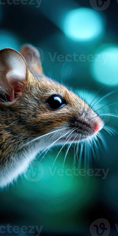 Close-up view of a mouse showcasing sharp features in a soft blue background photo