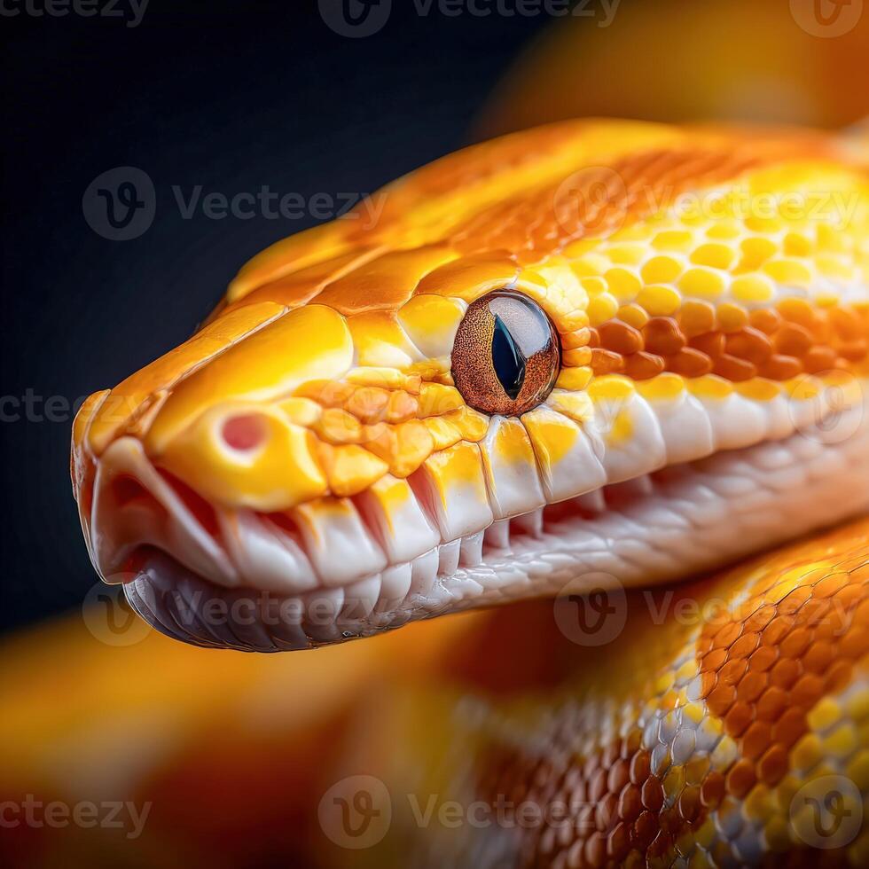 Close-up view of a striking yellow-orange snake resting on a dark surface photo