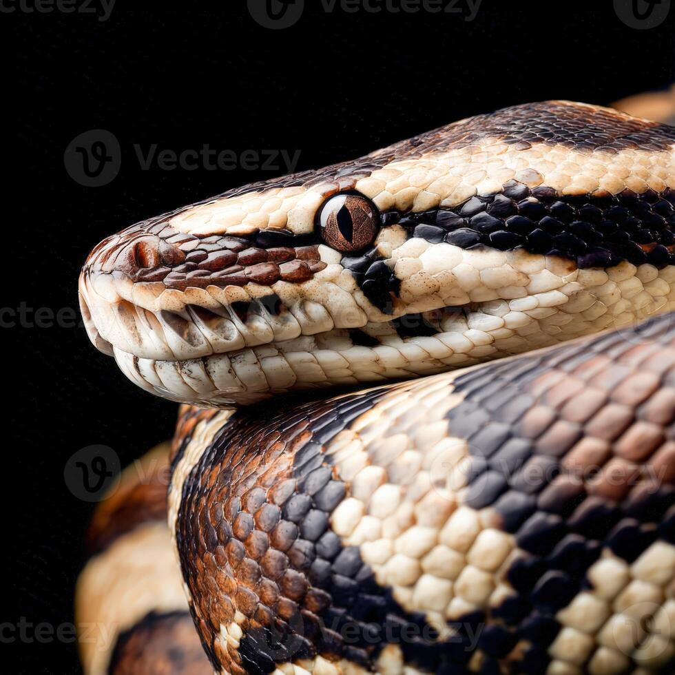 Close up of a colorful snake showcasing intricate patterns and textures photo