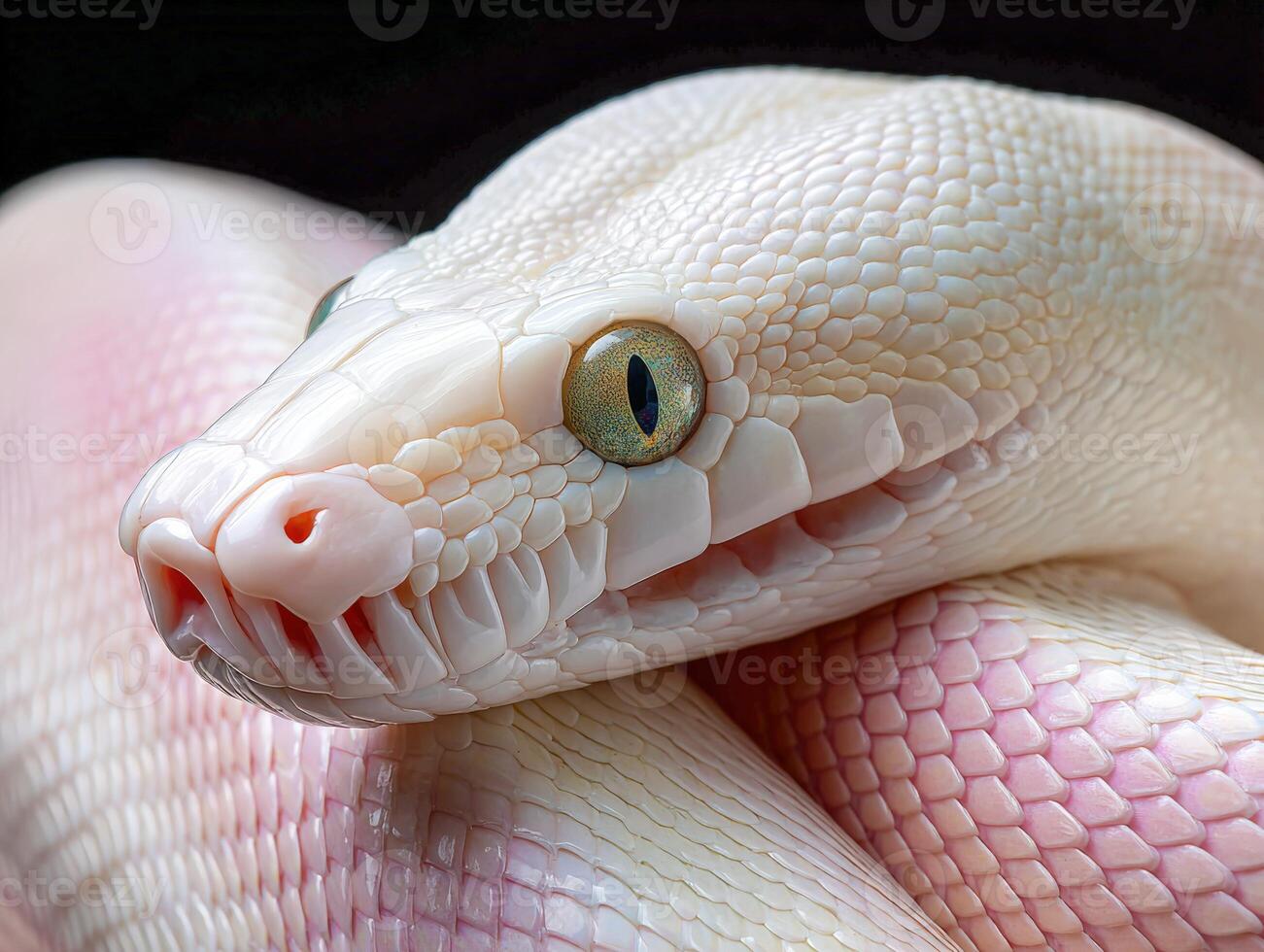 Bright albino python resting on a dark background in a closeup view photo