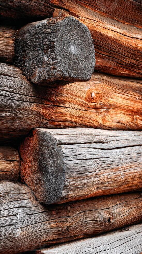 A close up of a log wall with a clock on it photo
