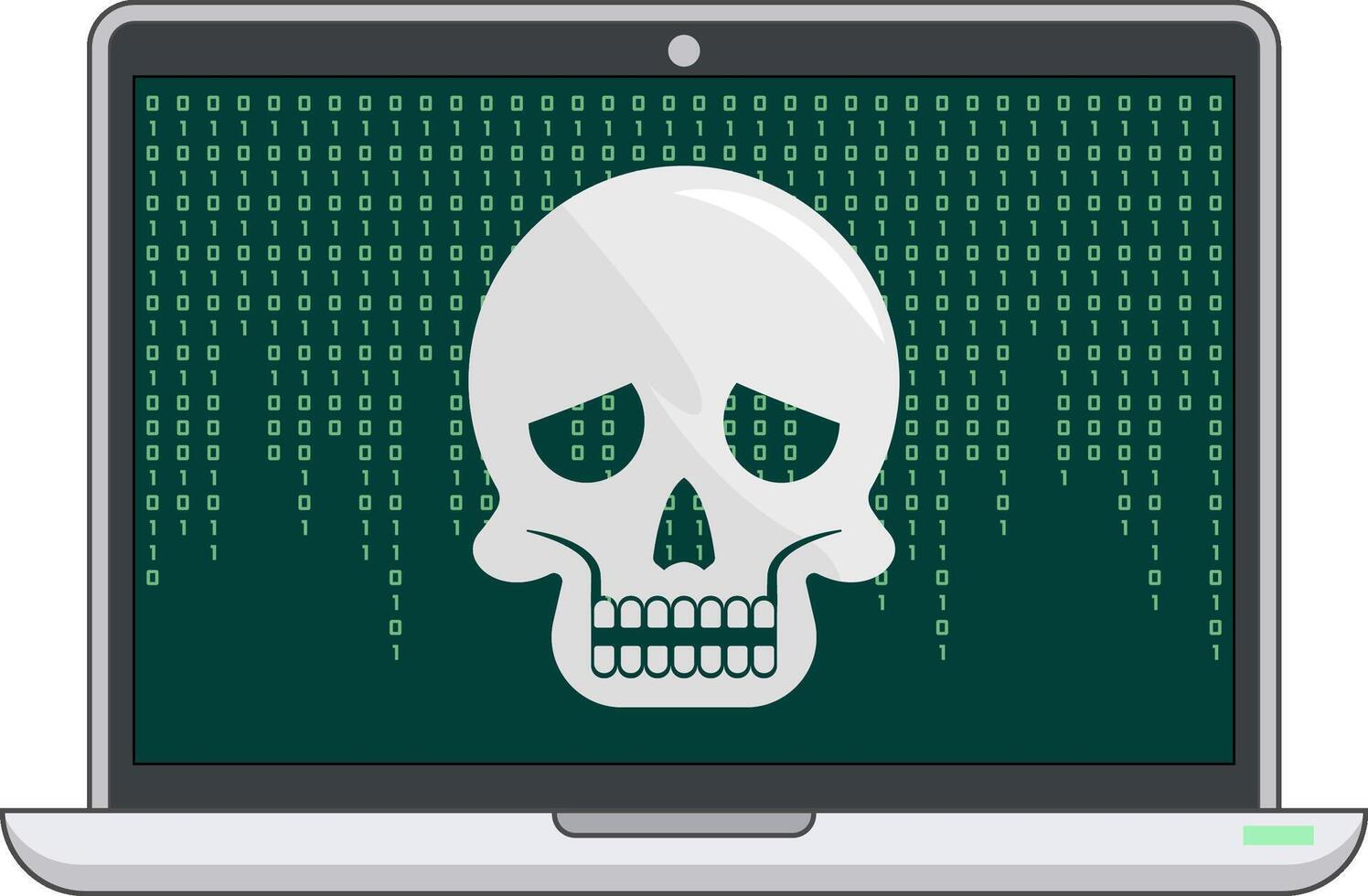 Illustration of a laptop screen displaying a skull symbol over green binary code, symbolizing cyber threat, virus infection, malware, or data hacking. vector