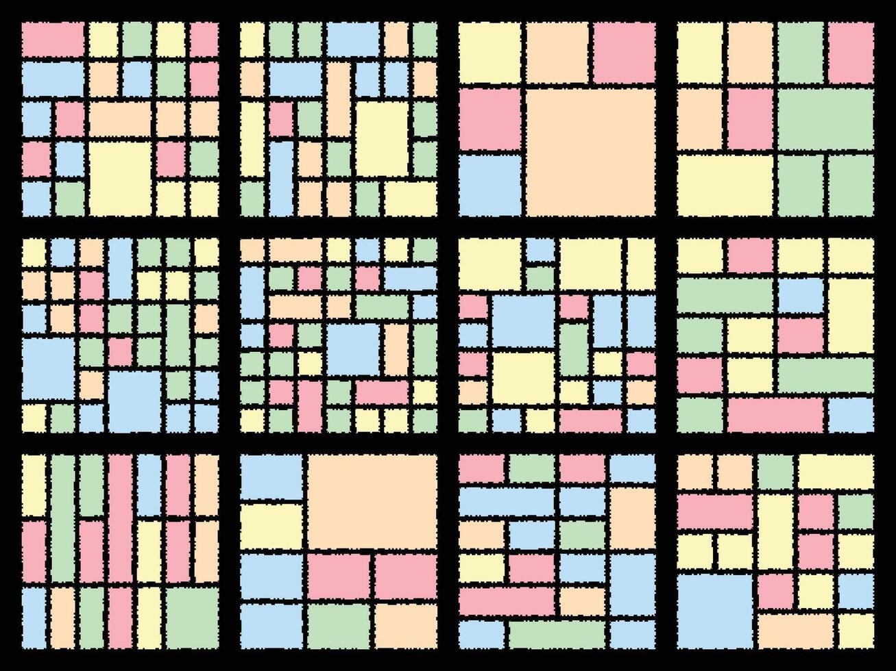 Dynamic glitch pixel patterns forming visually appealing bento grid style art vector