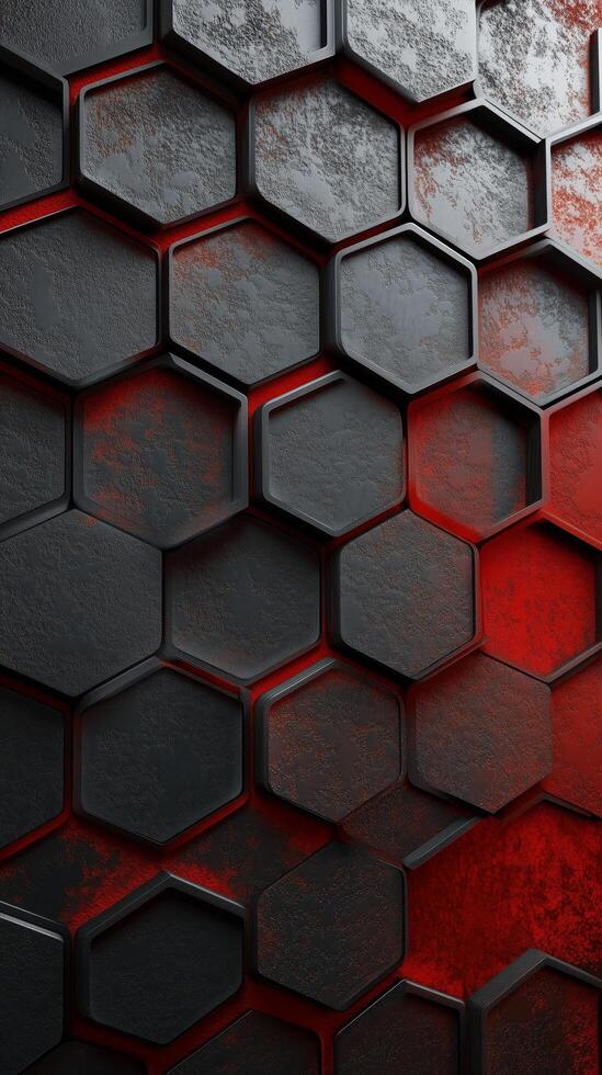 Modern Textured Wall With Hexagonal Patterns in Black and Red Color Scheme photo