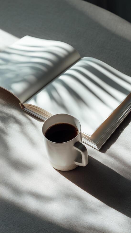 Morning Coffee and a Blank Book on a Table With Soft Shadow Patterns photo