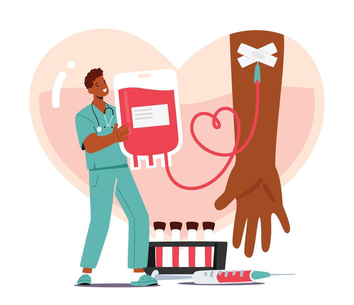 Doctor Character Collect Donated Blood into Plastic Bag. Process Of Donating Involves Screening, Testing And Collection vector
