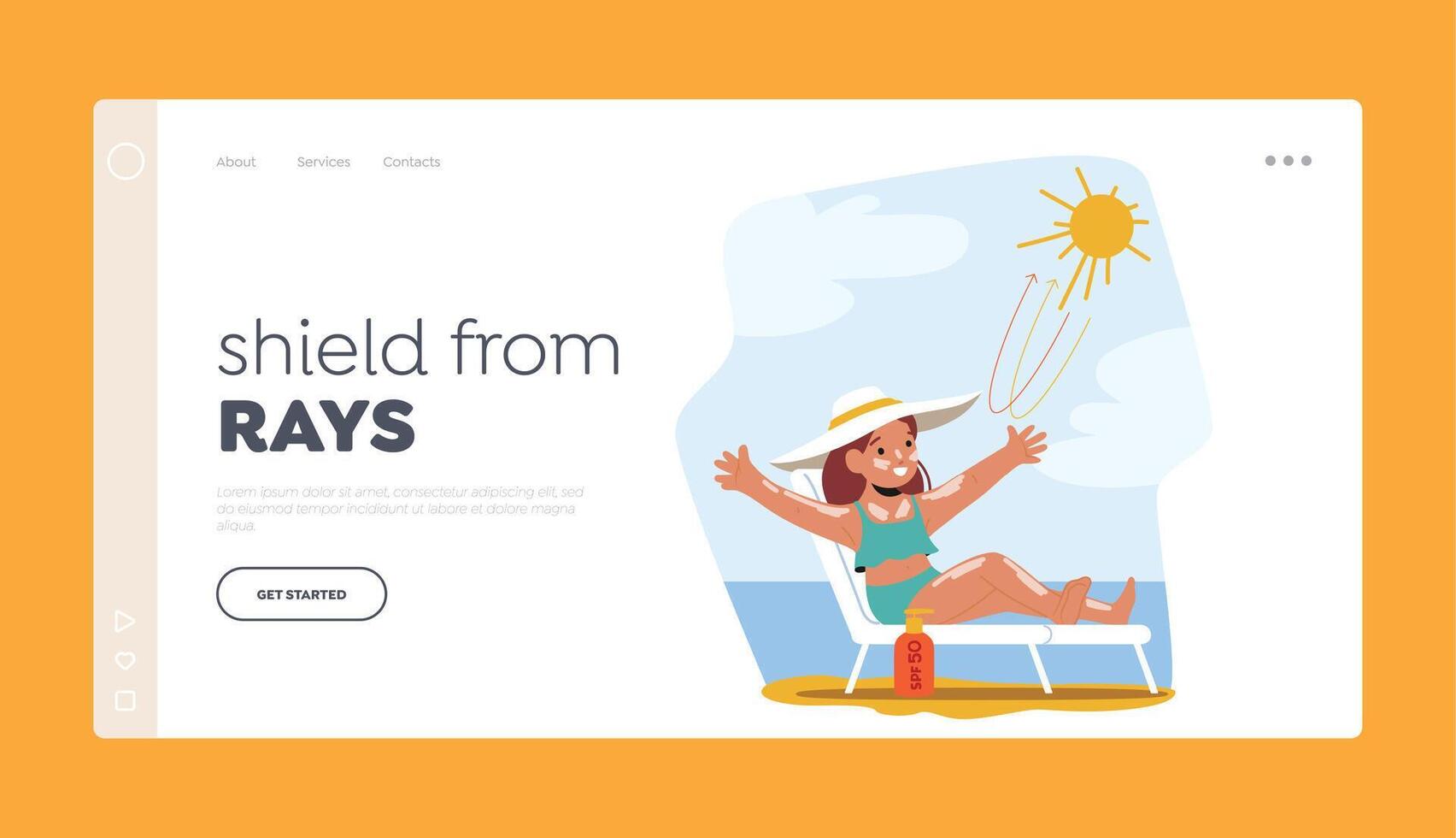 Shield from Rays Landing Page Template. Joyful Child Protected With Skin Cream From Sunburn Ensuring Safety From Uv Rays vector