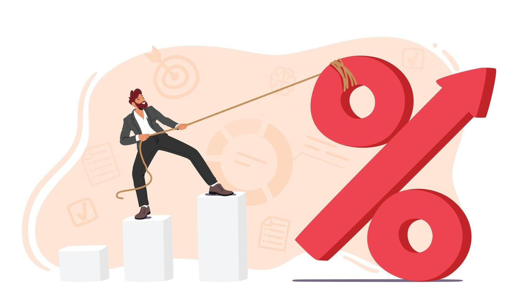 Business Man Character Stands Atop A Column Chart And Pulls Up A Large Percent Sign, Symbolizing An Interest Rate Hike vector