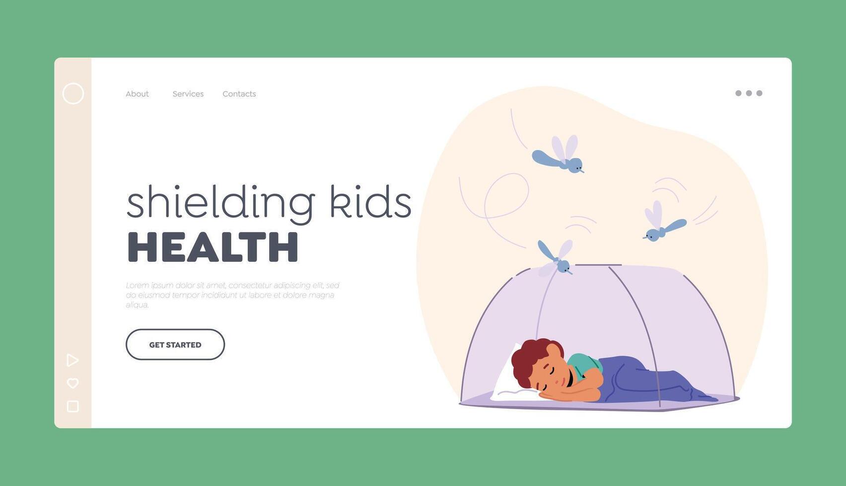 Shielding Kid's Health Landing Page Template. Little Boy Character Sleeps Under Net, Shielded From Mosquitoes vector