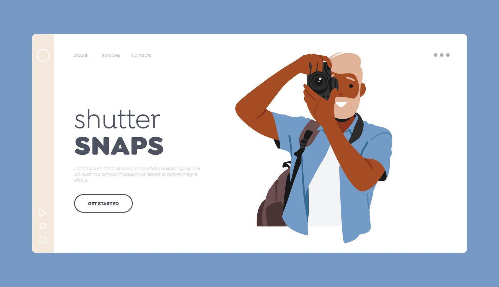 Shutter Snaps Landing Page Template. Mature Man Character Capturing Moments With Camera, Framing Shots With Precision vector