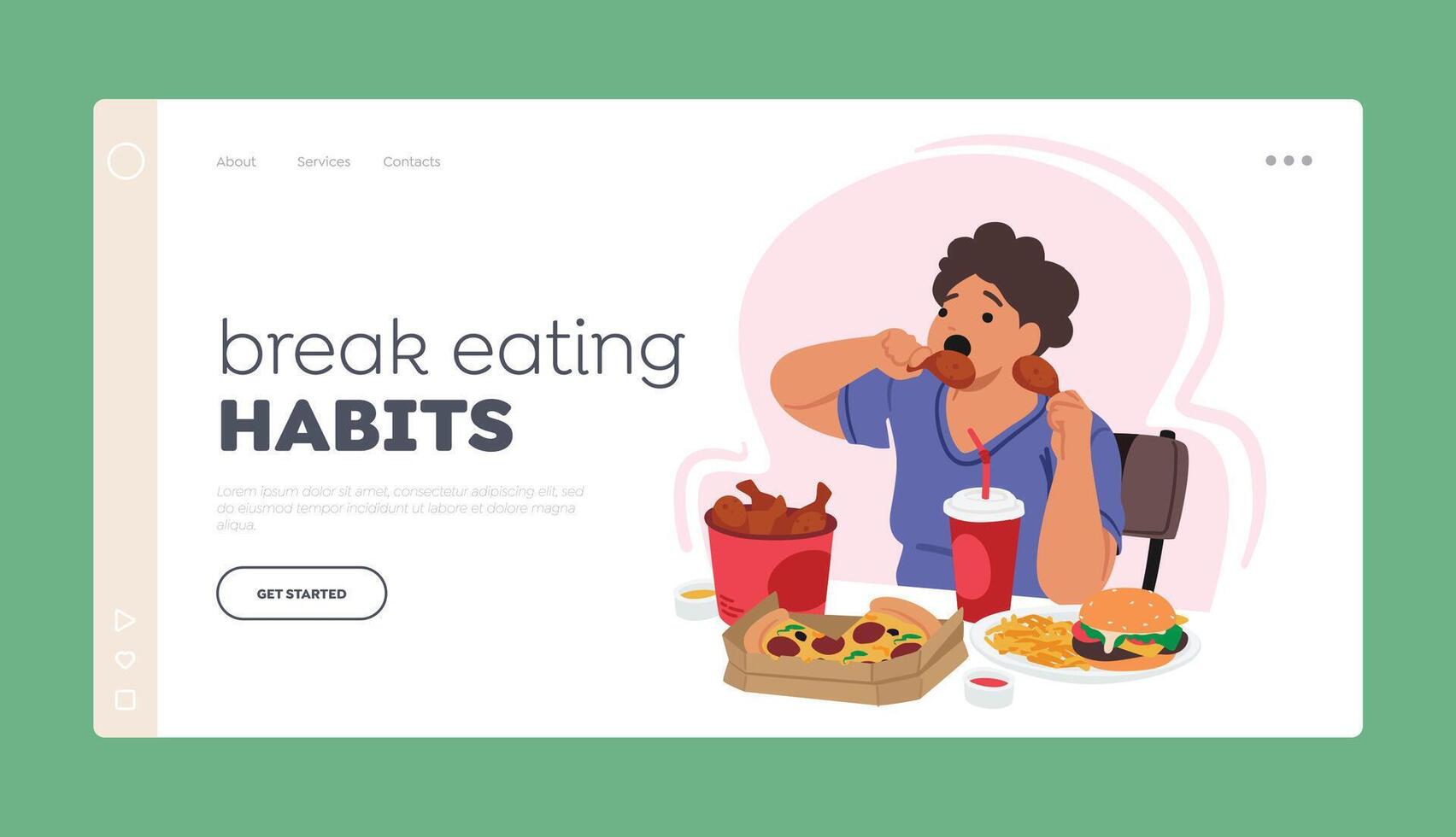 Break Eating Habits Landing Page Template. Character With An Obsessive Eating Disorder, Using Food As A Coping Mechanism vector