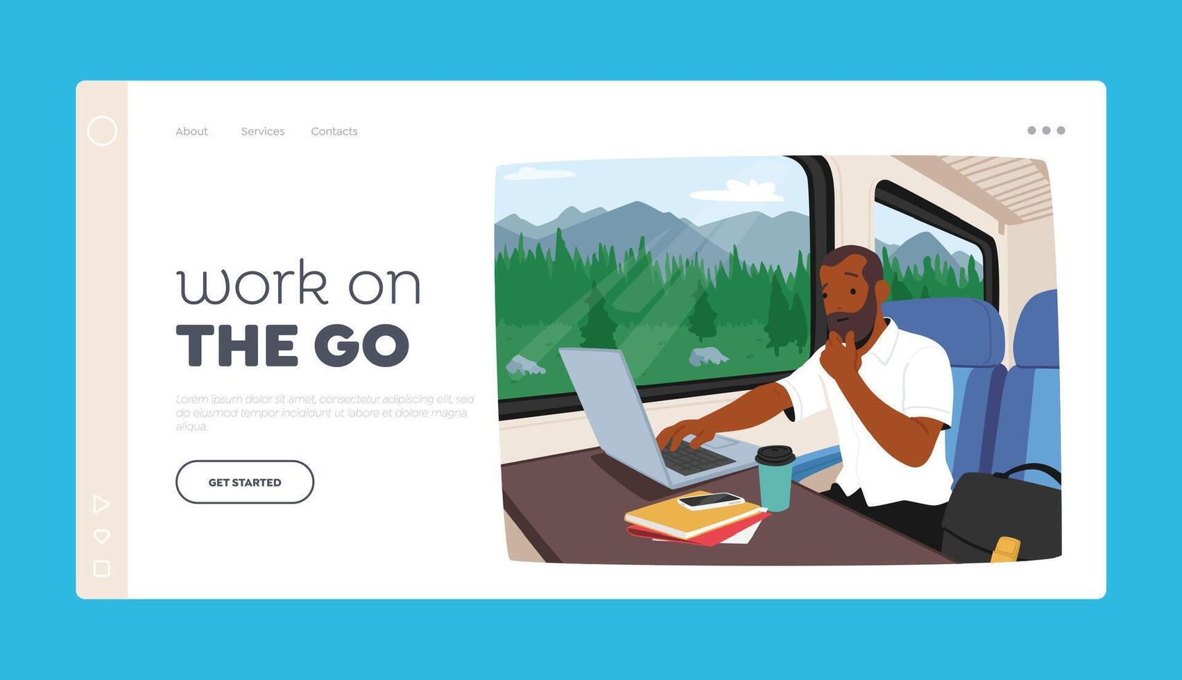 Work on the Go Landing Page Template. Man Using A Laptop While On A Train Commute. . Remote Work Productivity vector