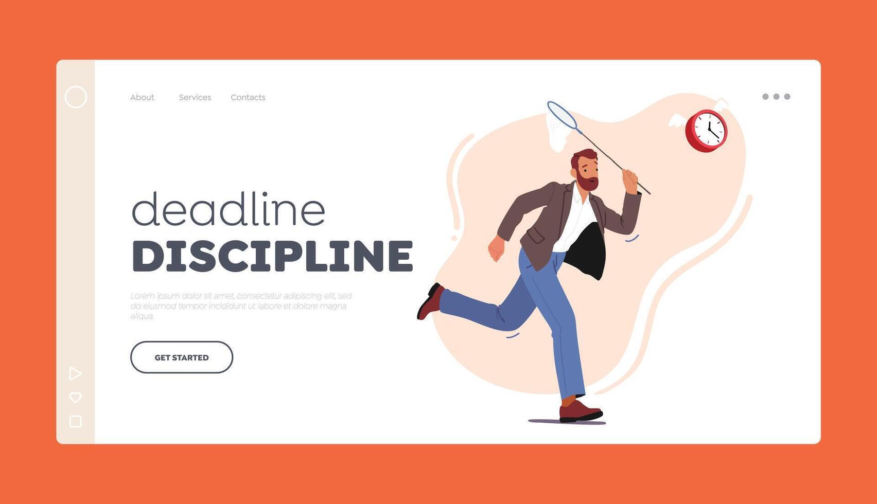 Deadline Discipline Landing Page Template. Man Rushes To Catch Alarm Clock With Butterfly Net vector