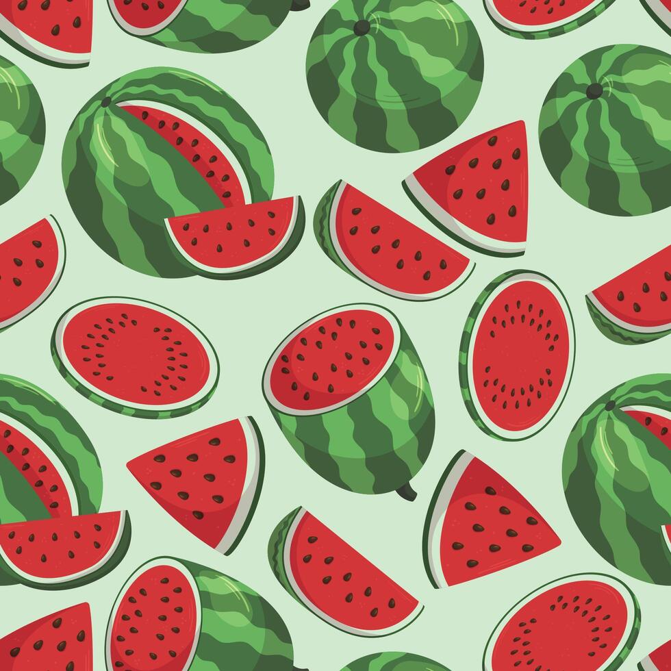Bright And Refreshing Seamless Watermelon Fruit Pattern, Repeating Summer Background Design With Juicy Slices vector
