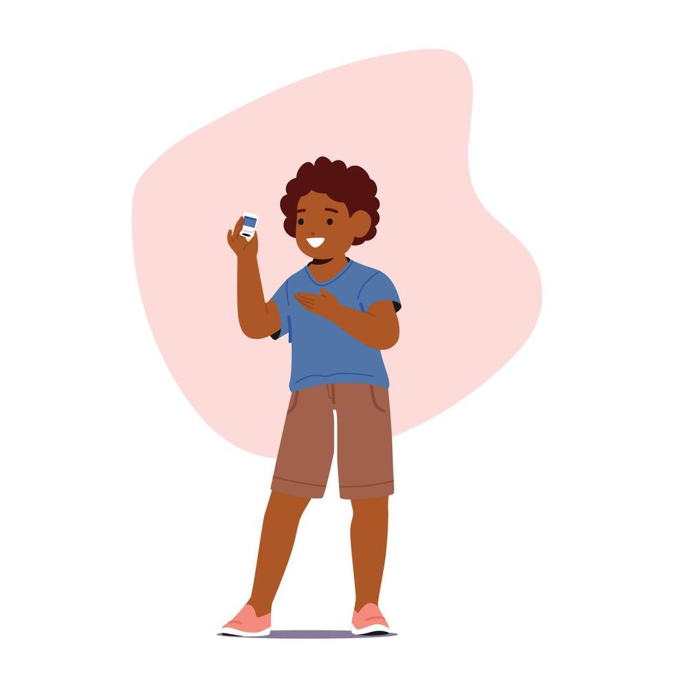 Child Character Measures Blood Sugar Levels With A Glucometer. Boy Use Device to Check Glucose Levels In The Blood vector