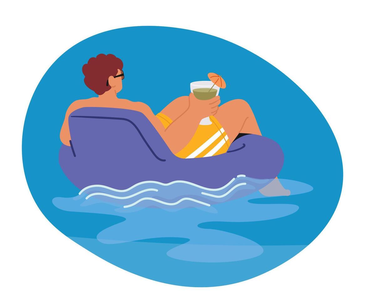 Relaxed Man Enjoying A Refreshing Cocktail While Floating On An Inflatable Ring In A Pool Or Beach Setting vector