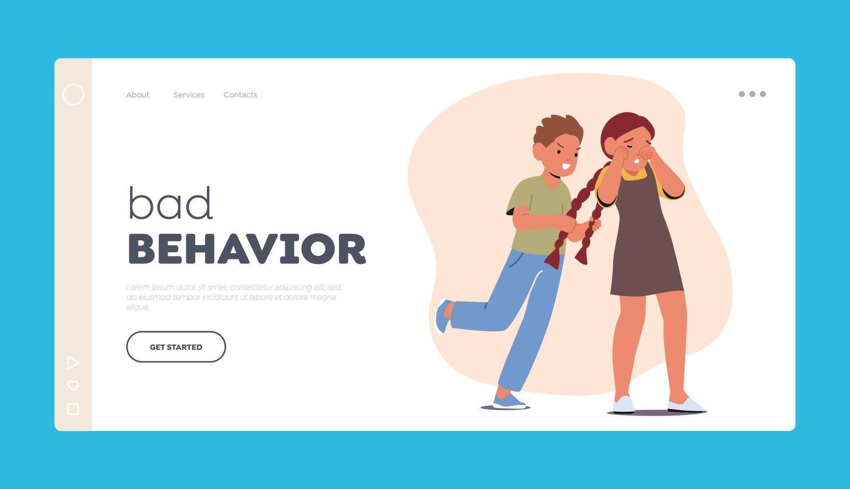 Kid Bad Behavior . Landing Page Template. Playful Boy Character Teasing Girl By Pulling Her Pigtails, Causing To React vector