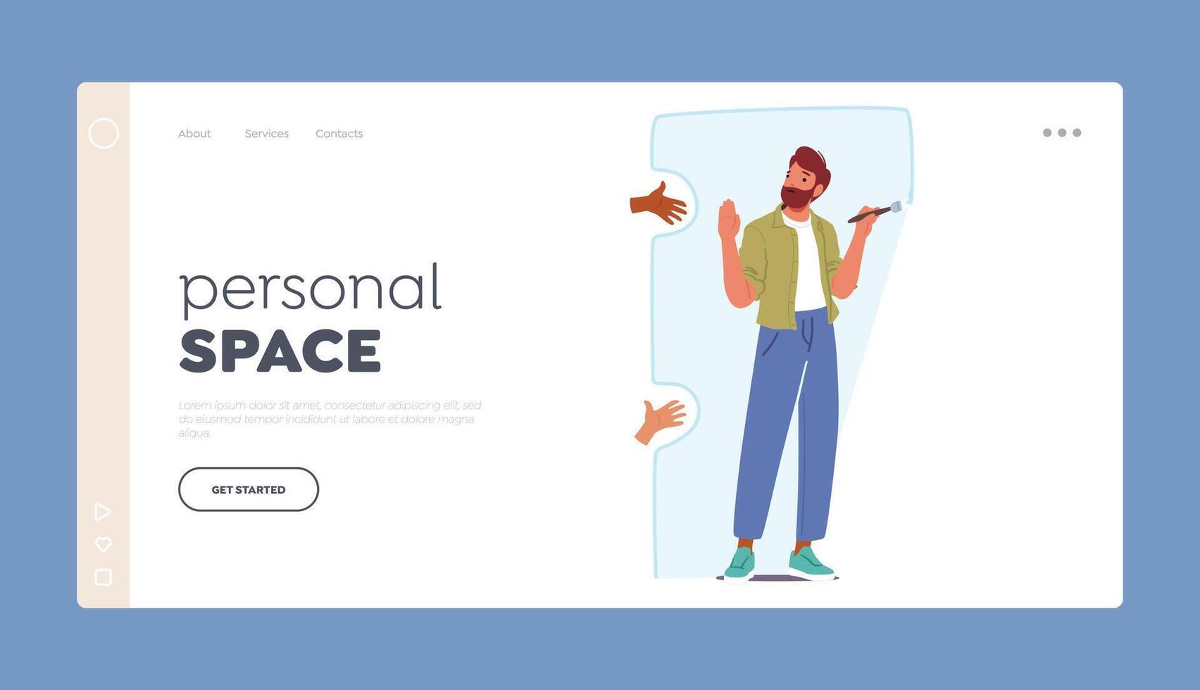 Personal Space Landing Page Template. Man Drawing Protective Border Around Himself, Creating A Boundary Of Safety vector