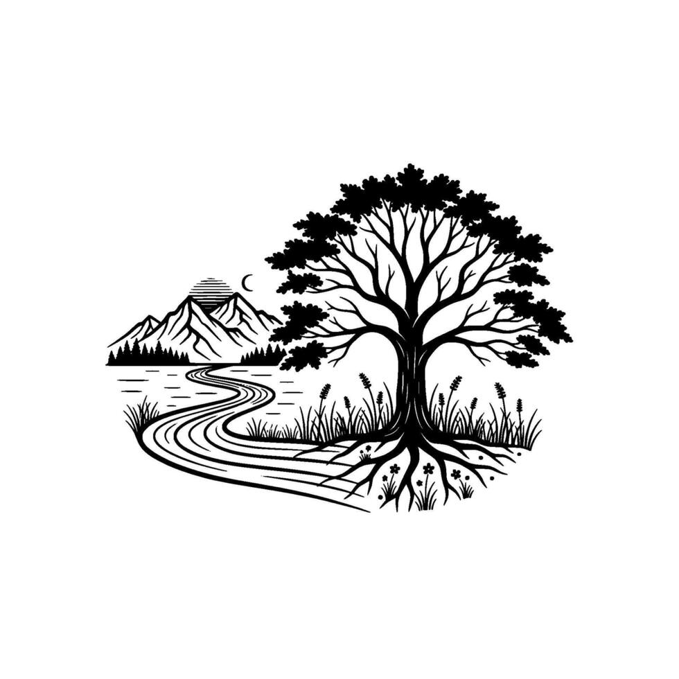 A striking illustration of a majestic gnarled tree with sprawling roots next to a winding river flowing towards majestic mountains under a crescent moon and setting sun vector