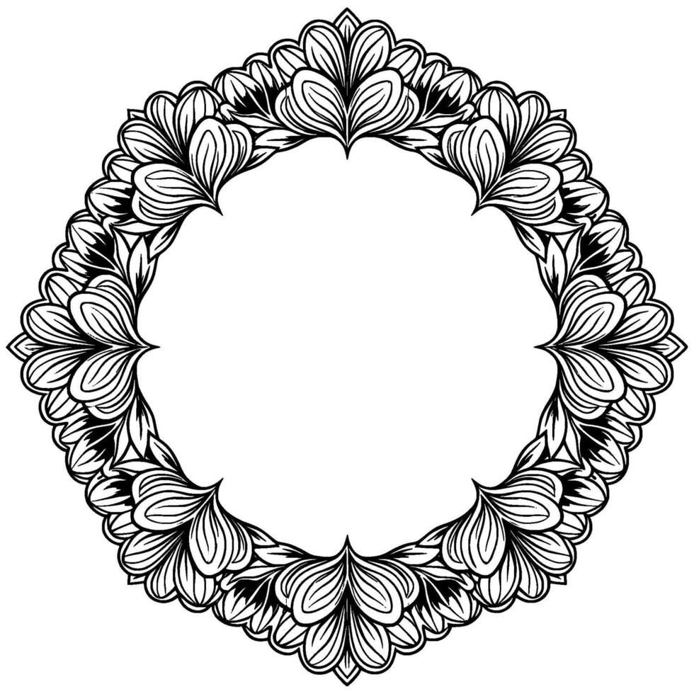 A detailed ink outline of a repeating floral petal pattern forming a decorative circular frame with empty space in the center vector