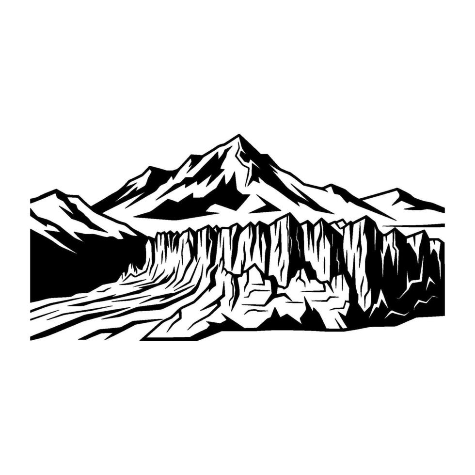 A stark illustration depicting a dramatic mountain range with sharp peaks and a rugged cliff face vector