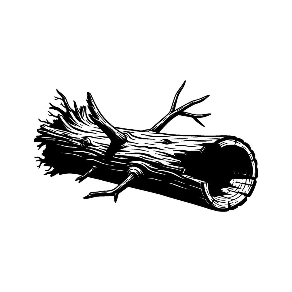 Striking woodcut style illustration of a hollowed out weathered log with broken branches vector