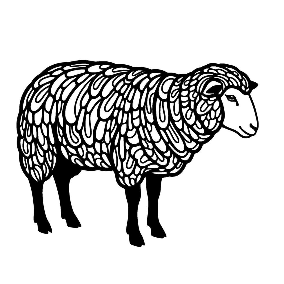 A stylized illustration of a side profile view of a fluffy sheep with intricate curly wool patterns isolated vector