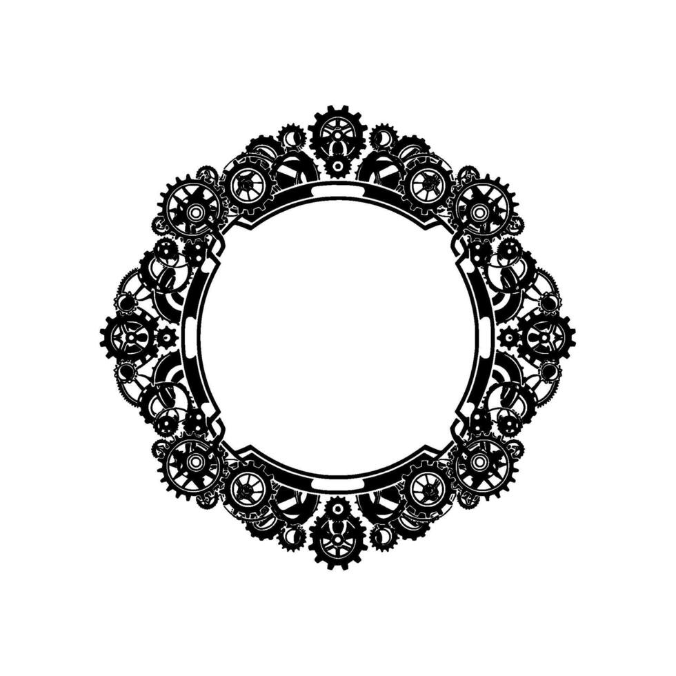 An intricate silhouette circular frame composed entirely of interlocking gears and mechanical elements isolated vector