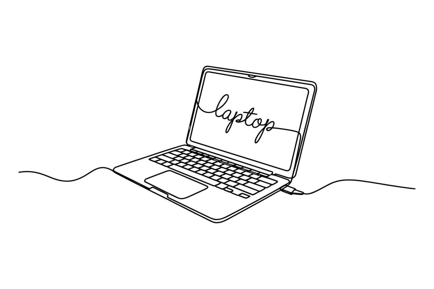 Minimalist continuous line drawing of an open laptop computer with the word laptop written on its screen in a simple script vector