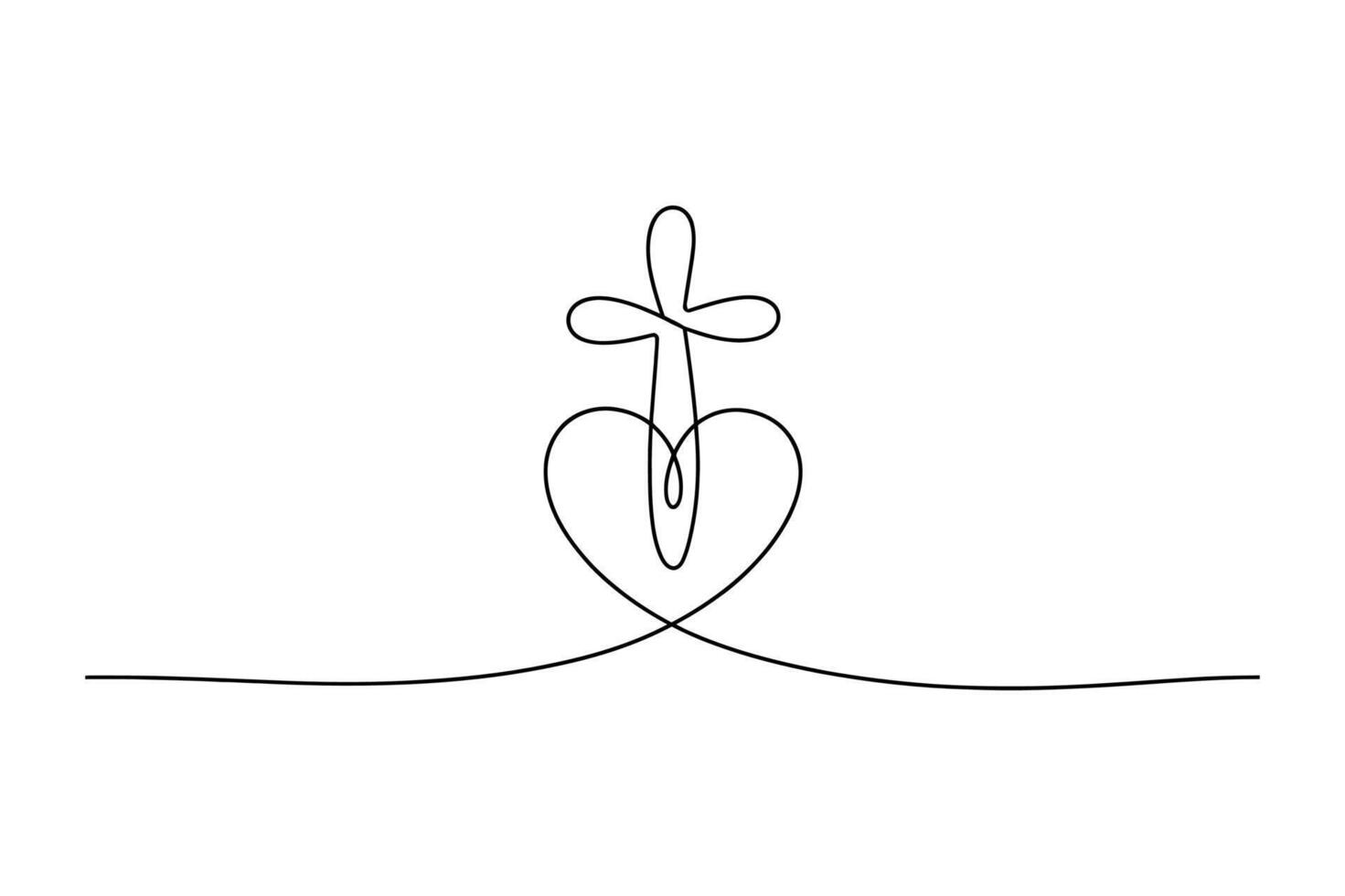 Elegant continuous line drawing of a christian cross intertwined with a heart and an infinity symbol representing eternal love and faith vector