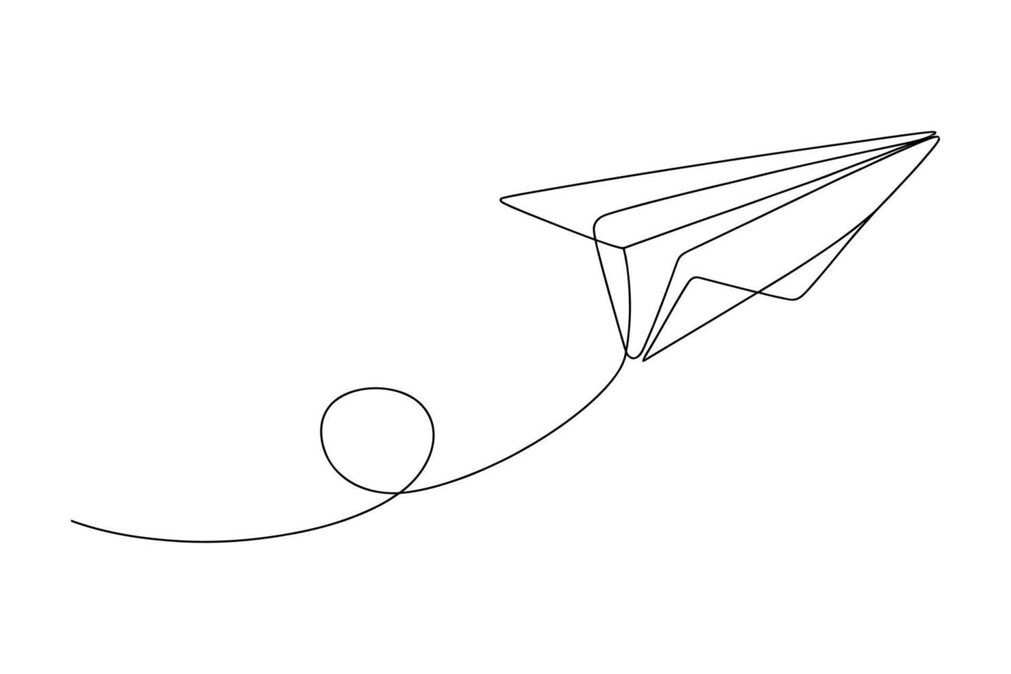 Simple hand drawn outline sketch of a paper airplane soaring through the air leaving a whimsical looping trail behind it vector