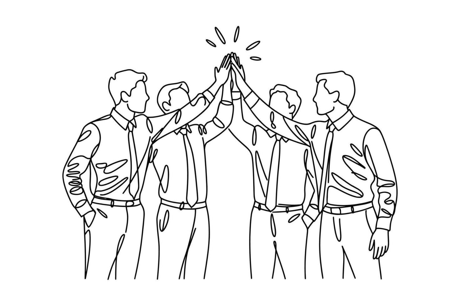 Sketchy illustration of a diverse team of professionals celebrating a successful achievement with a high five gesture of unity and collaboration vector