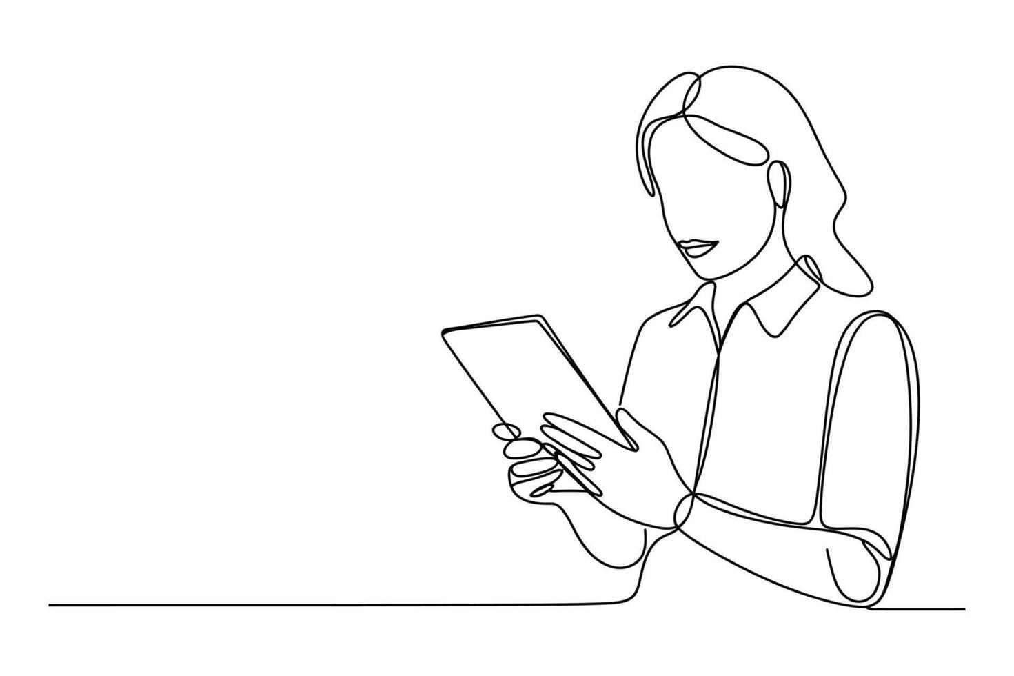 continuo línea dibujo de un joven mujer en un con cuello camisa mirando abajo a un tableta computadora con un enfocado expresión vector