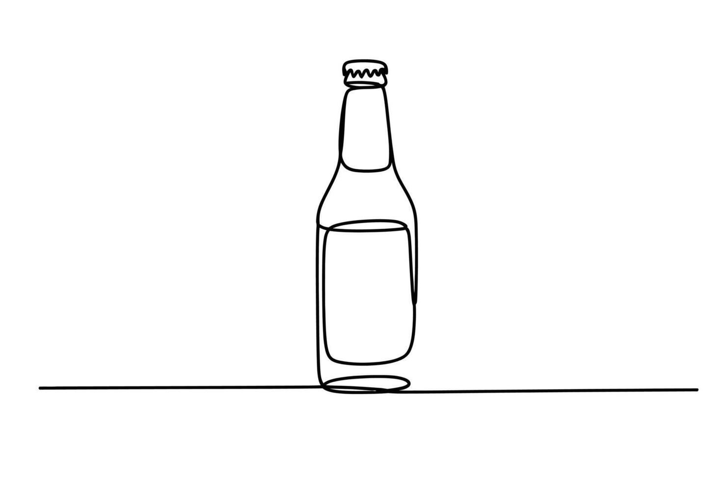 Minimalist continuous line drawing of a single glass bottle with a cap standing on a horizontal line vector