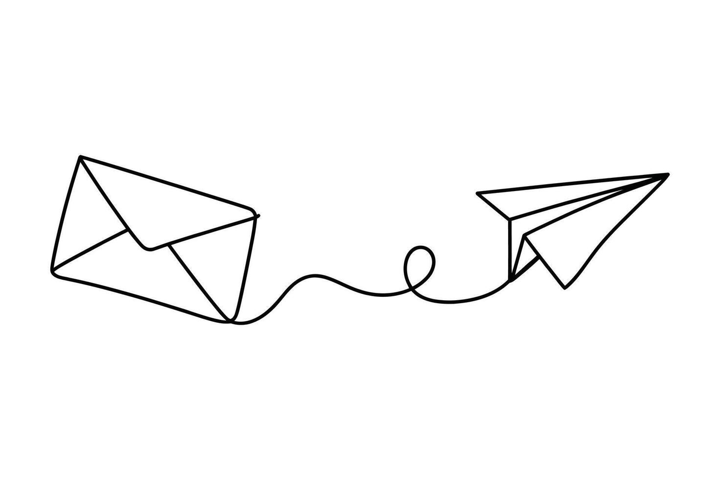 Simple line art depicting a paper airplane delivering a letter with a curving string connection vector