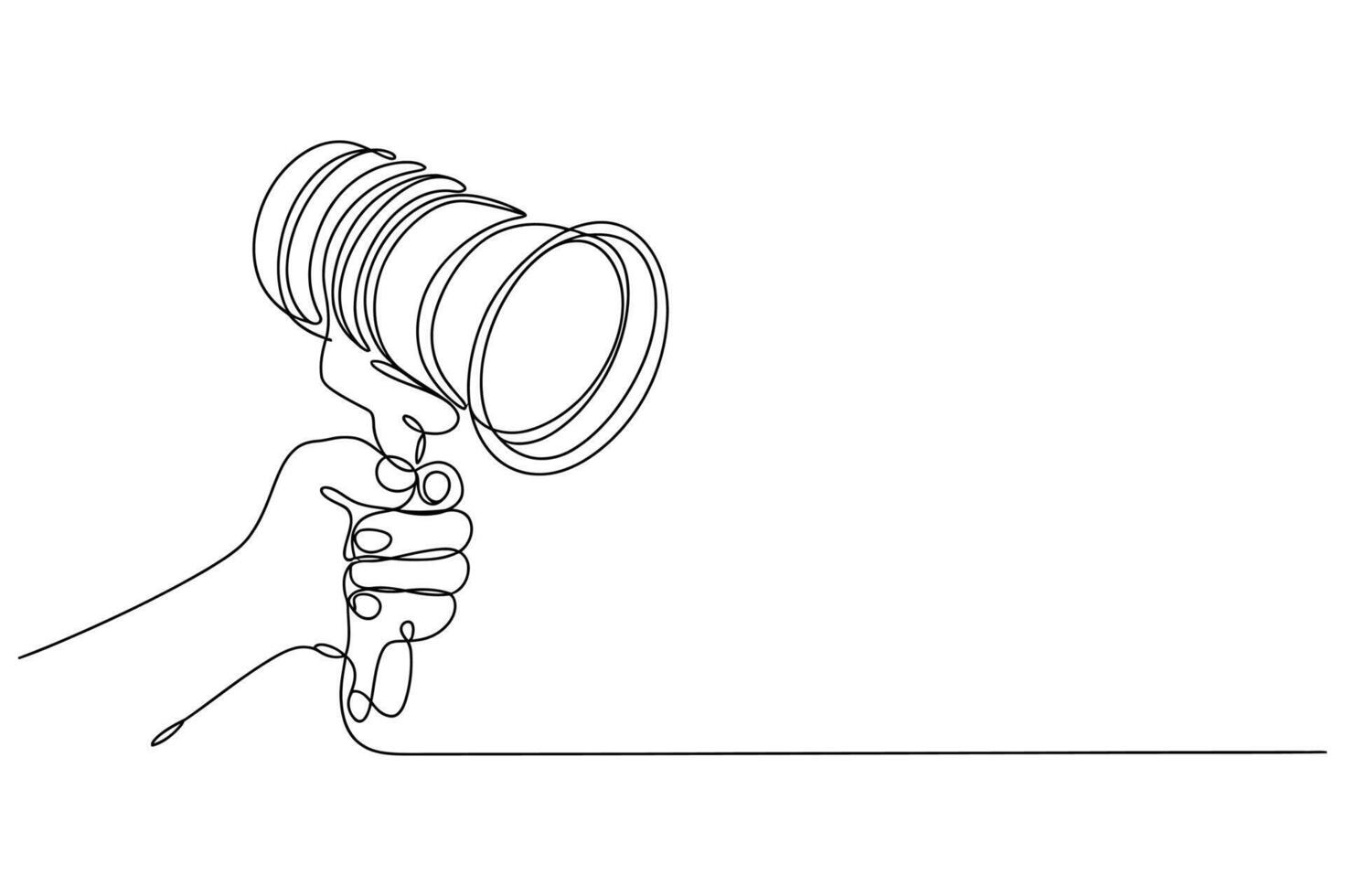 Minimalist continuous line drawing of a hand holding a professional camera lens ready for action vector