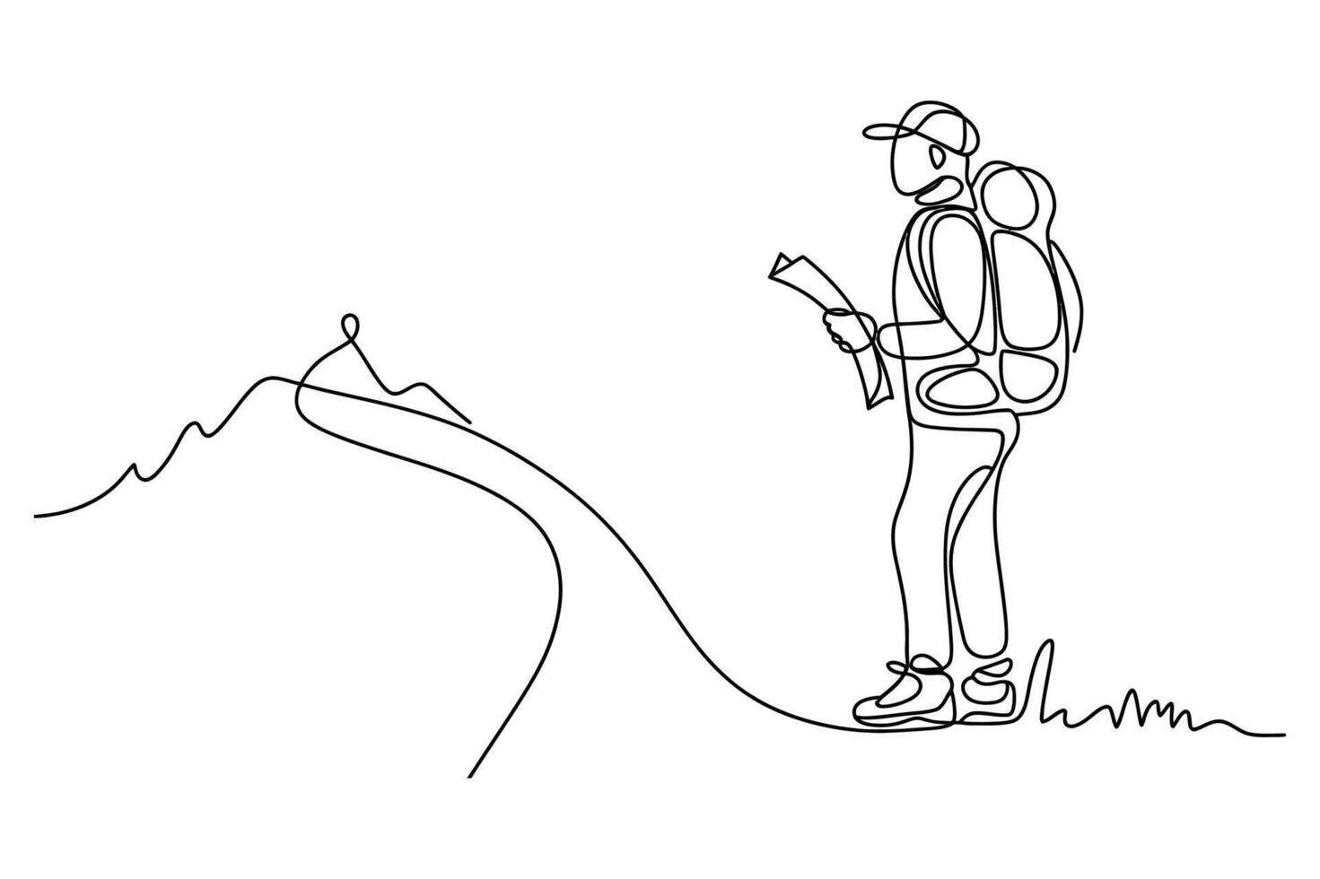 Minimalist line art depicts a hiker consulting a map with a mountainous landscape in the background vector