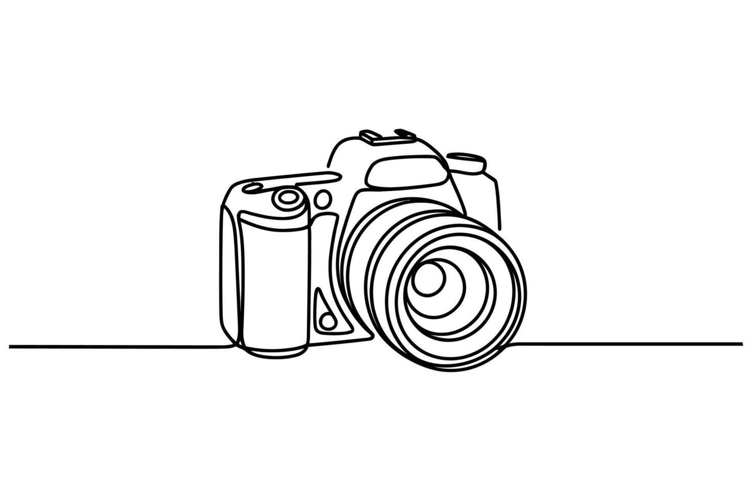 Minimalist single line drawing of a professional dslr camera with a large lens on a white background vector