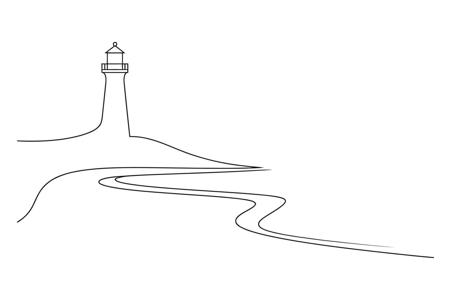 A minimalist line drawing depicts a tall lighthouse standing on a hill with a winding path leading towards it vector