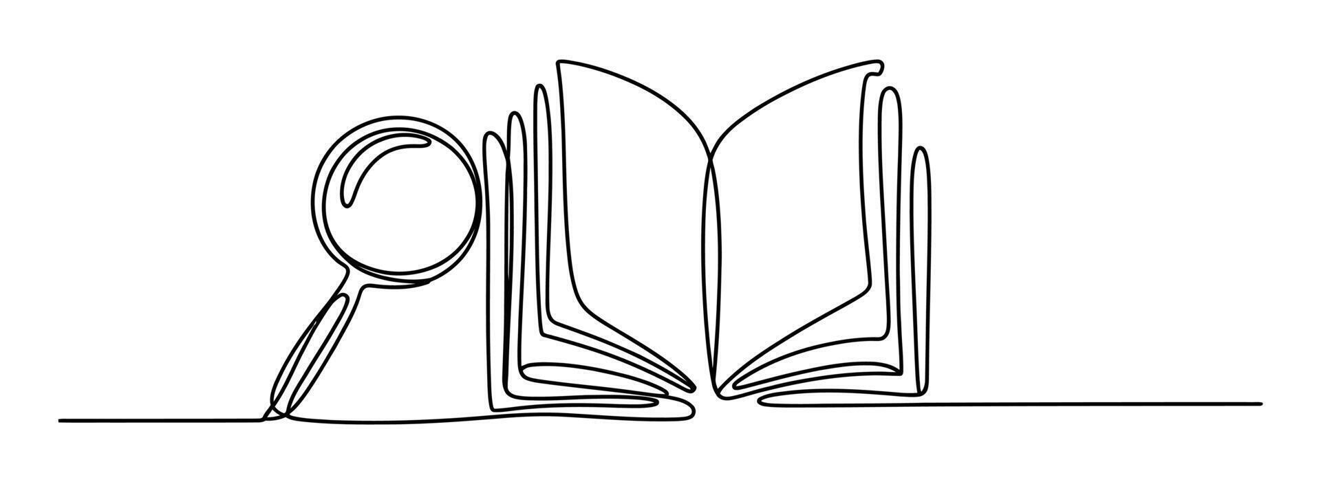 Minimalist continuous line art depicting a person reading an open book on a flat surface vector
