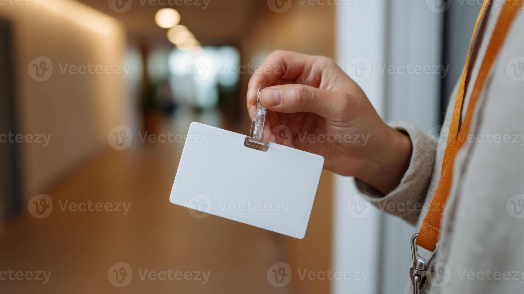 A close-up of a hand holding a blank identification badge, emphasizing the importance of credentials in professional settings. photo