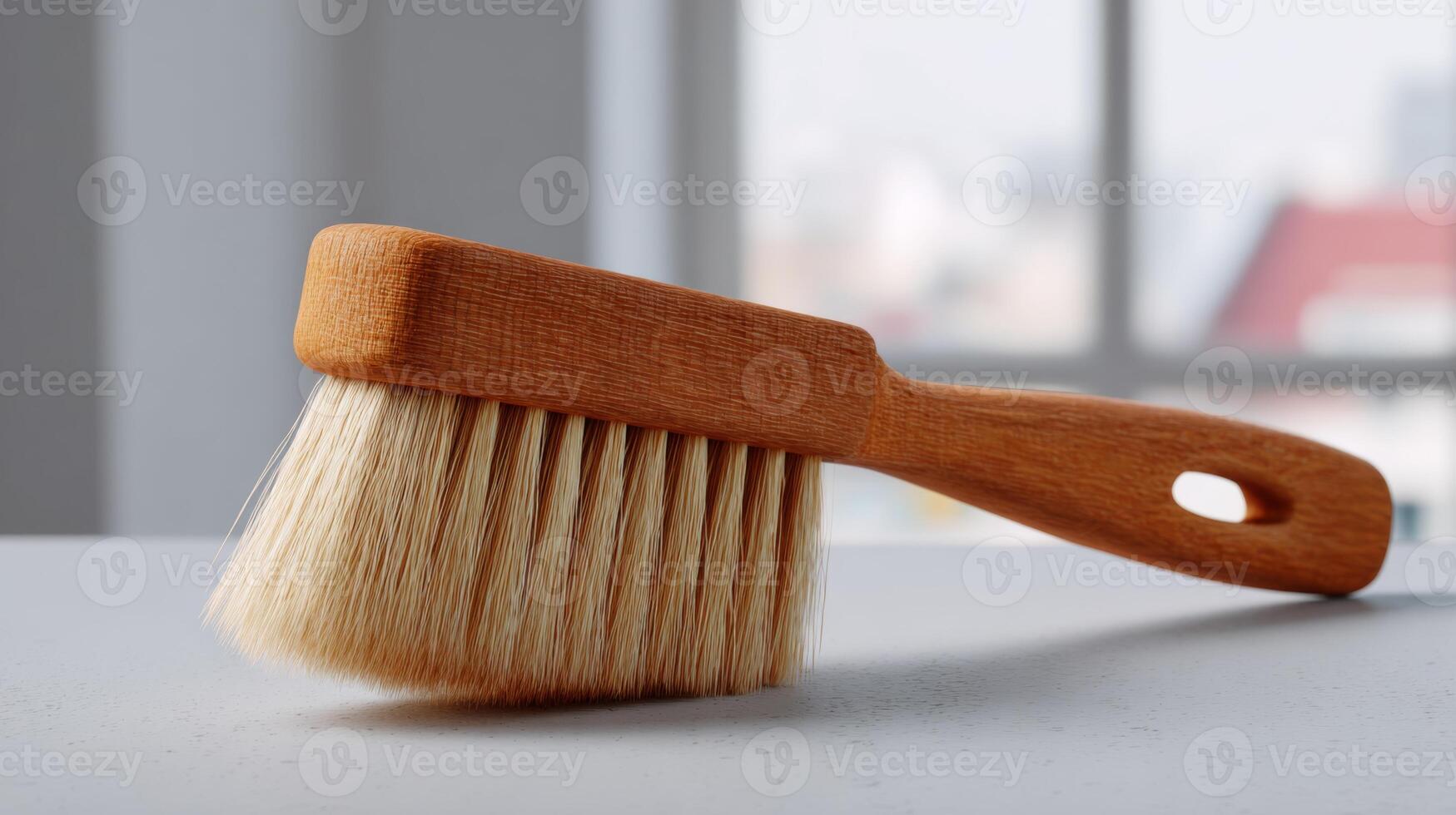 A natural wood dust brush with soft bristles resting on a clean surface, capturing a tidy and minimalist aesthetic. photo