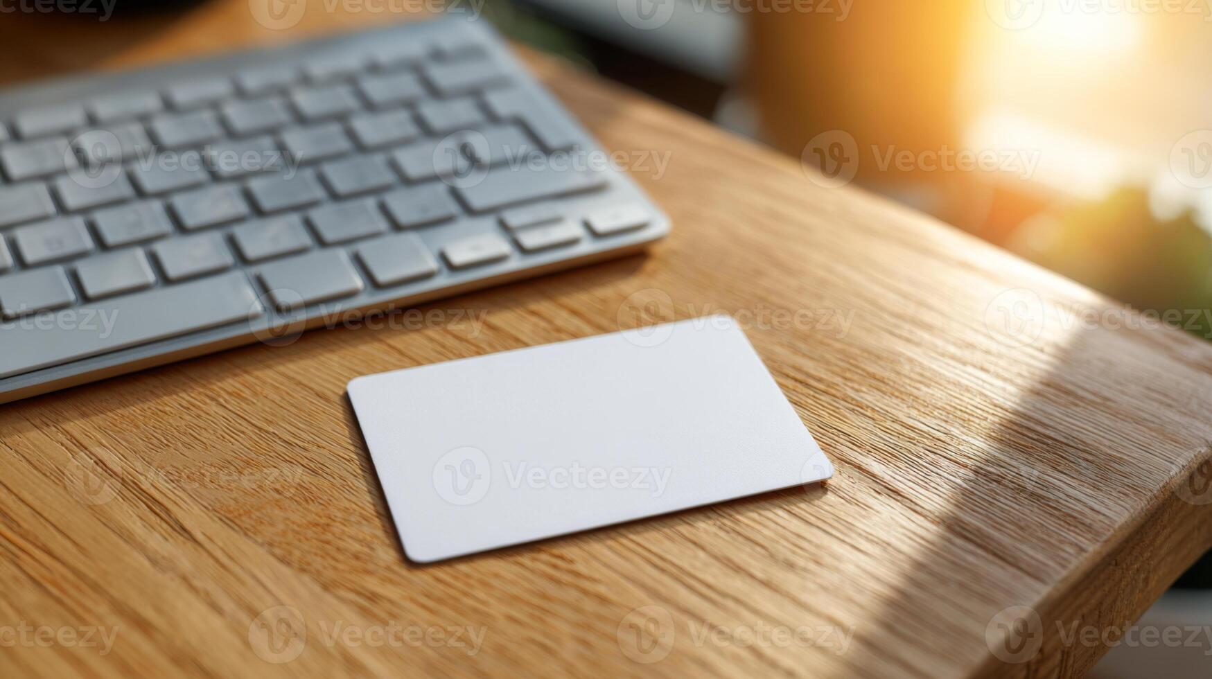 A blank business card rests on a wooden desk beside a keyboard, illuminated by soft sunlight, suggesting a professional setting. photo