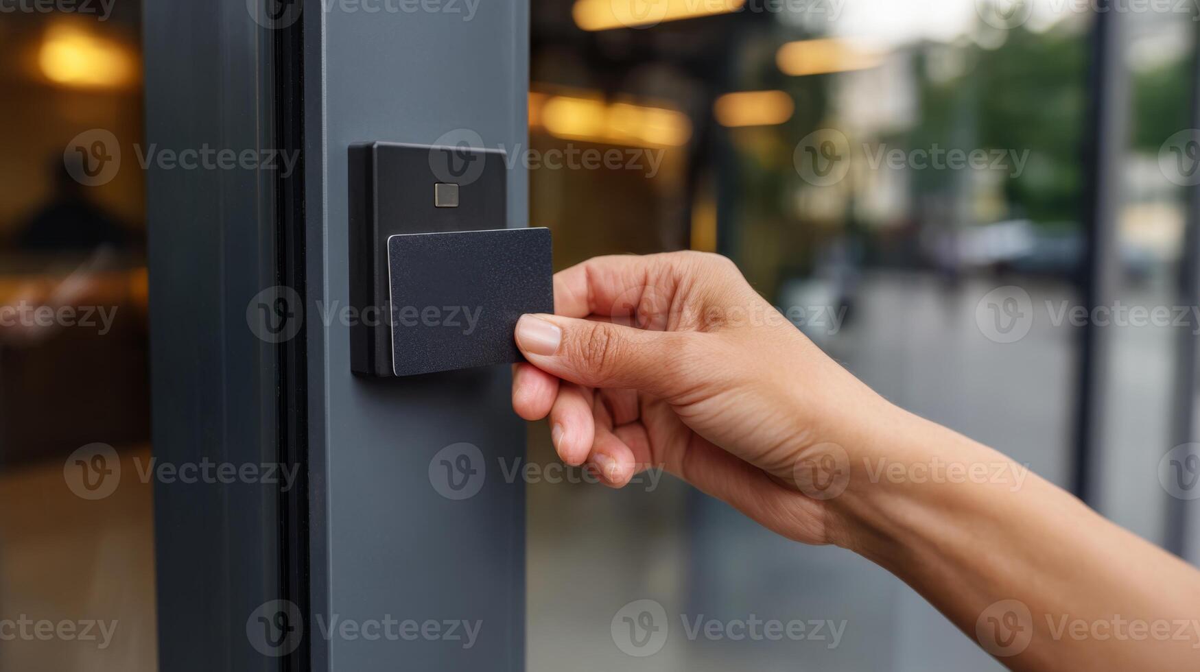 A close-up of a hand using a key card to access a modern building, showcasing sleek design and security technology. photo