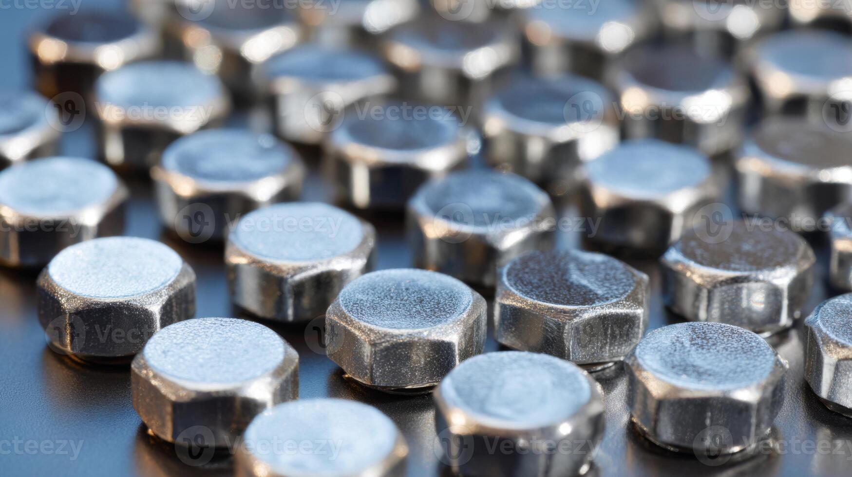 Close-up of metallic nuts arranged in a patterned layout, showcasing their shiny surfaces and varied textures. photo