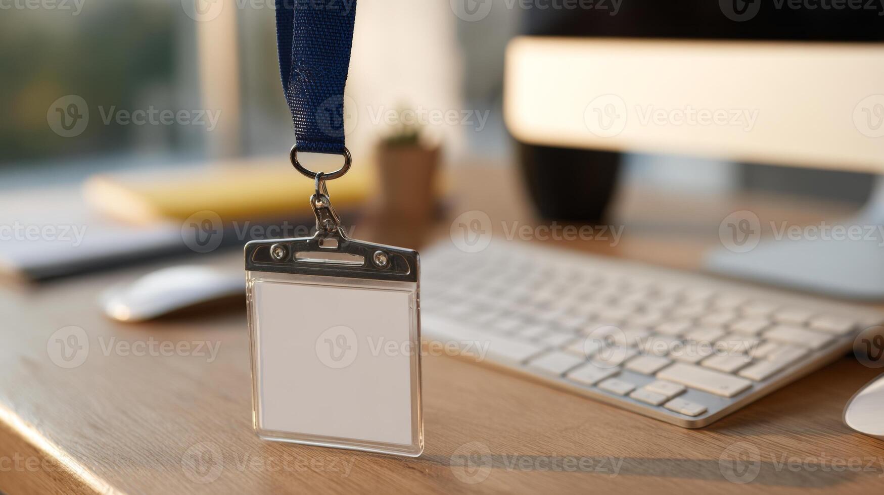 A blank ID badge hangs from a blue lanyard, placed on a wooden desk with a computer keyboard in the background. photo