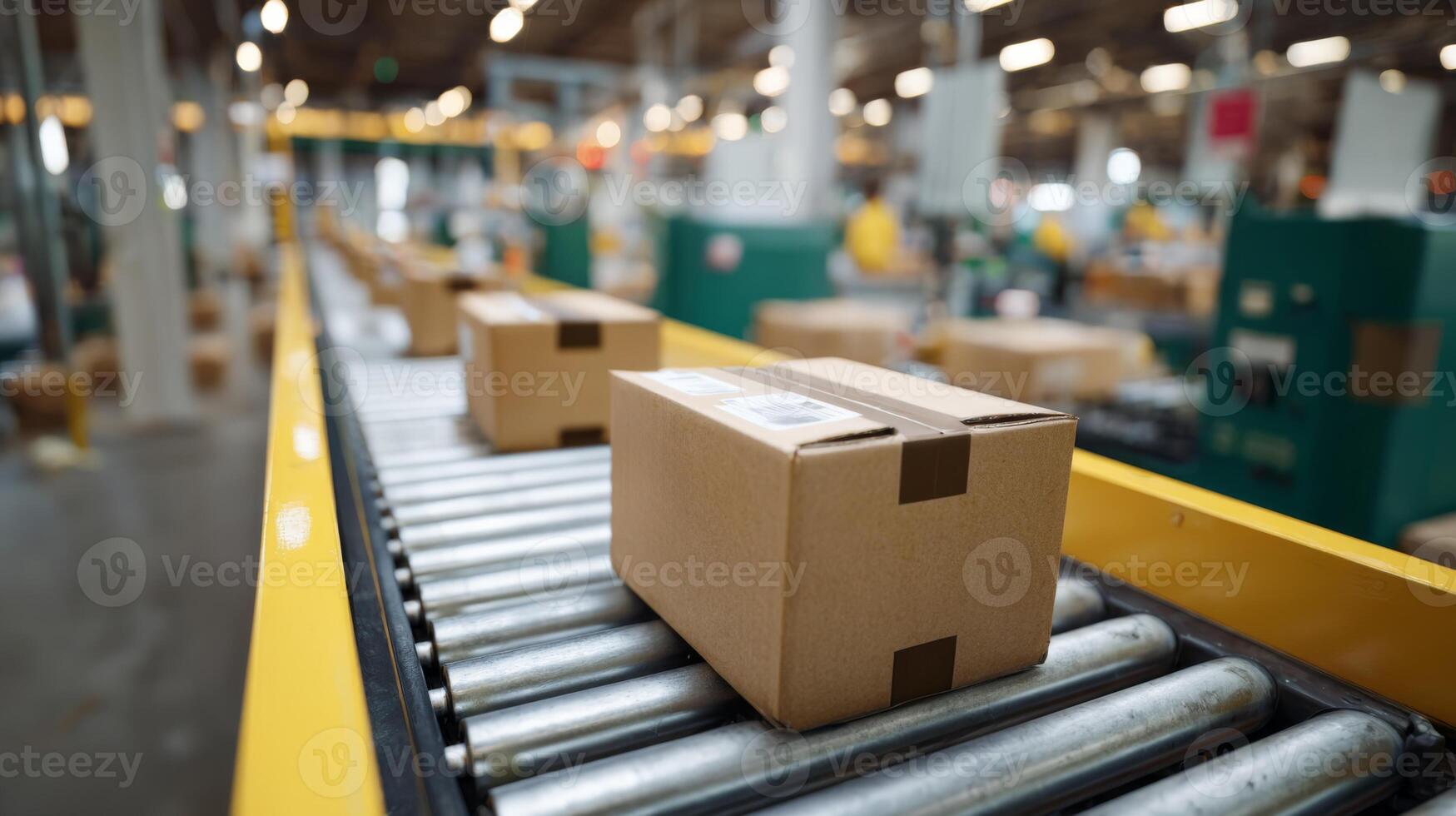 A close-up of a cardboard package on a conveyor belt in a busy warehouse setting, showcasing logistics in action. photo
