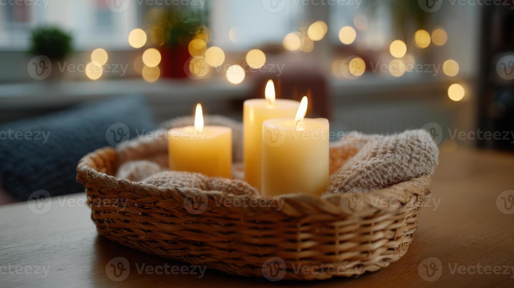 Cozy scene with three lit candles arranged in a woven basket, surrounded by soft textiles and warm bokeh lights. photo